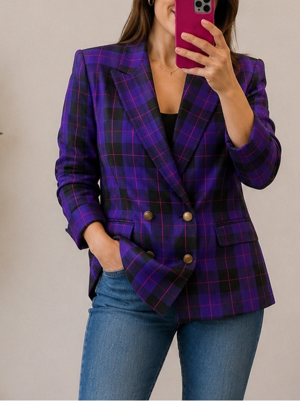 Michelle Stuart purple & black Plaid Jacket blazer double breasted size 2